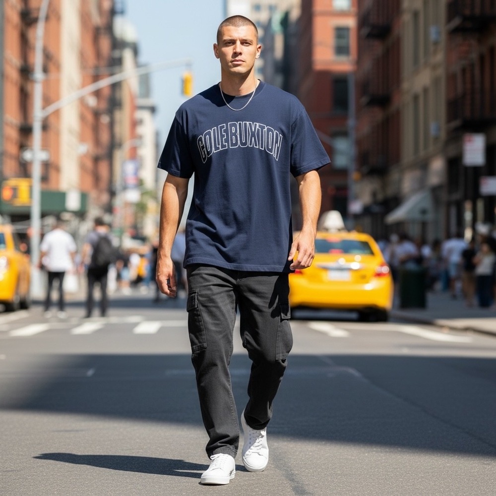 Cole Buxton Arched Logo T-Shirt Navy Blue Mens Medium Boxy Fit Made in Portugal